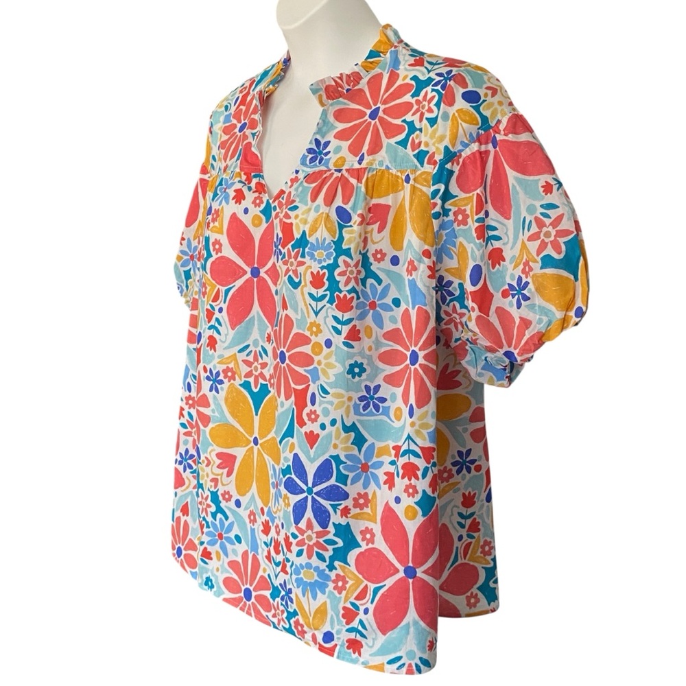 Fate Curve Floral Print Bubble Sleeve Cotton Blouse Womens Plus Size 1X NWT - Picture 2 of 12